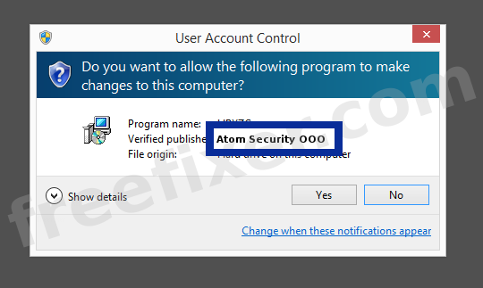 Screenshot where Atom Security OOO appears as the verified publisher in the UAC dialog